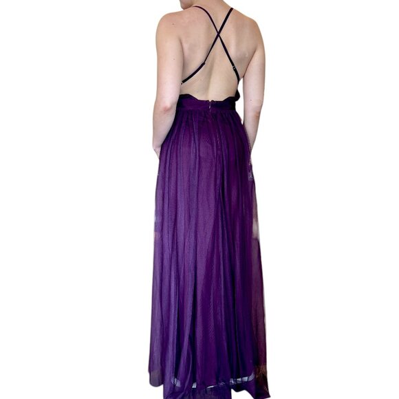 PROM Wedding Dress Aubergine Purple Tulle Flow Sheer Long Dress Selena Luxxel M - Picture 2 of 6